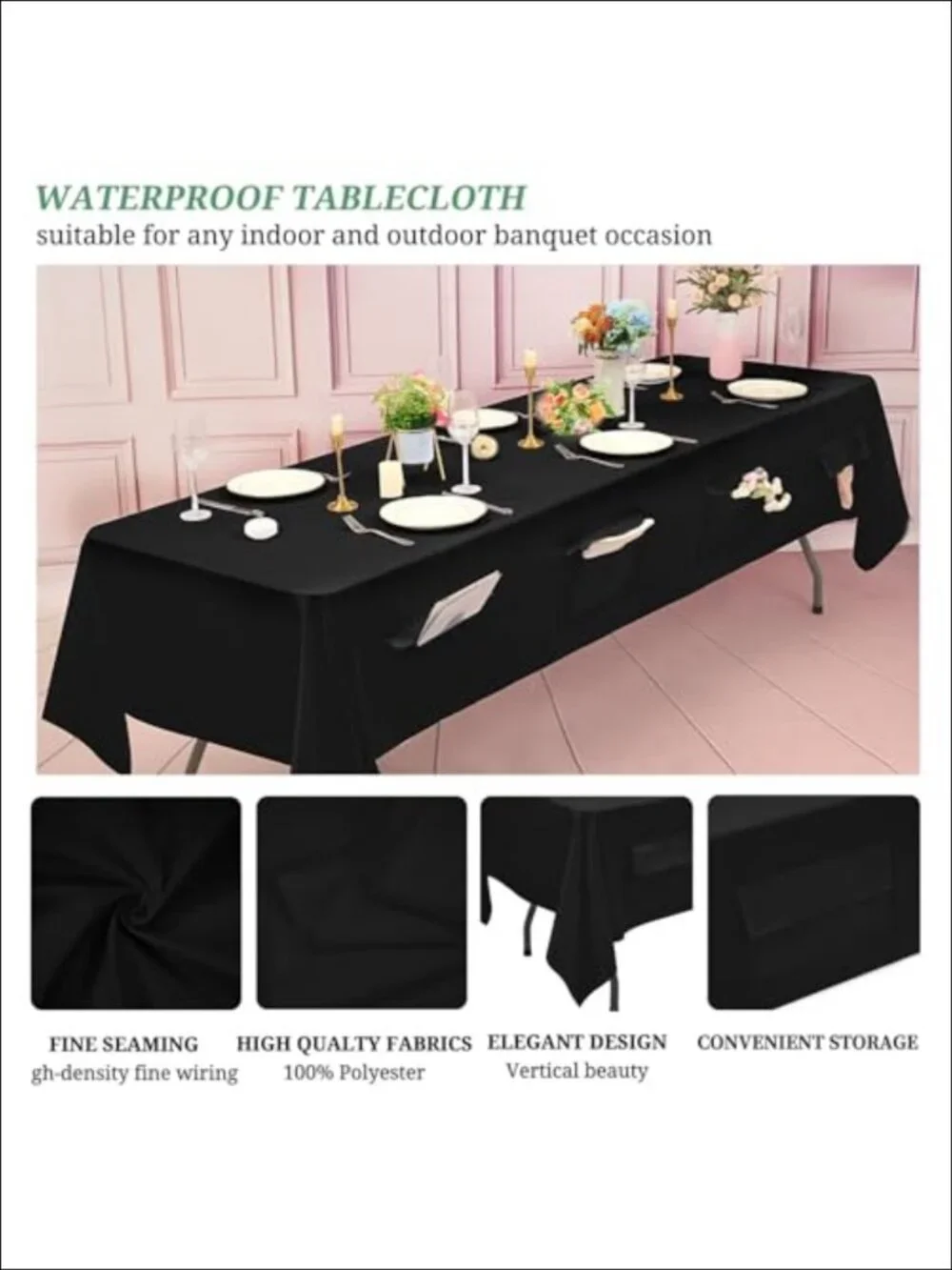 4 Pack Black Polyester Tablecloths with Pockets 60 x 126 Inch